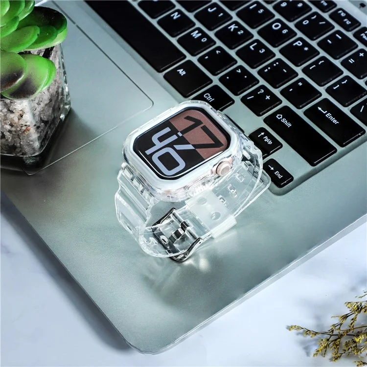 For Apple Watch Series 10 46mm TPU Watch Band+Case Cover Integrated Design - Transparent / White Frame