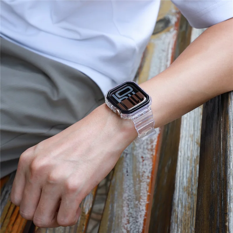 For Apple Watch Series 10 46mm TPU Watch Band+Case Cover Integrated Design - Transparent / Black Frame