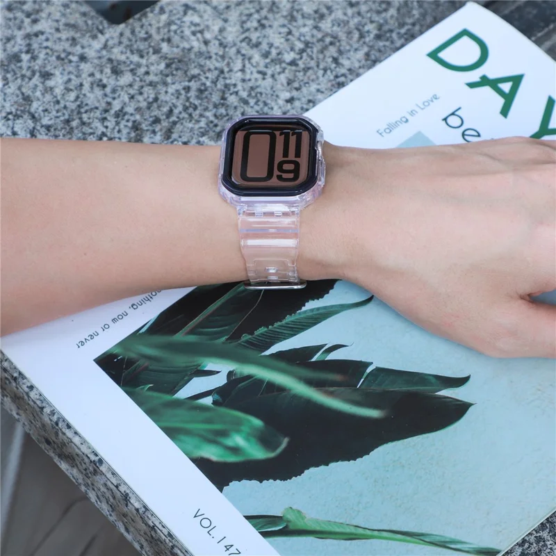 For Apple Watch Series 10 46mm TPU Watch Band+Case Cover Integrated Design - Transparent / Black Frame