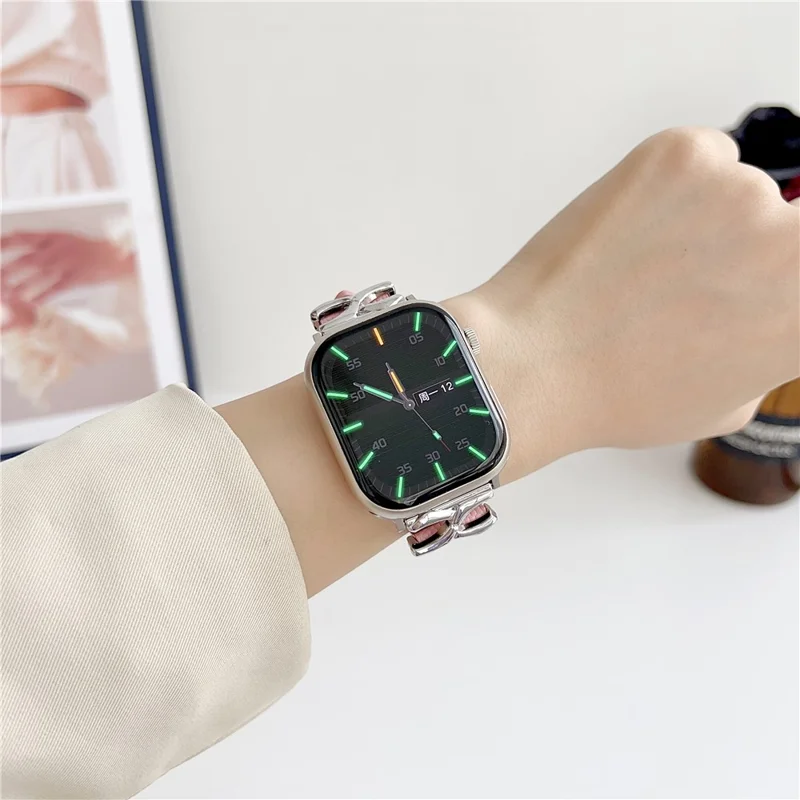 Para Apple Watch Series 10 42mm / 9 8 7 41mm / SE (2023) SE (2022) SE 6 5 4 40mm / 3 2 1 38mm Correa de Reloj de Cuero Genuino - Plata / Rosa