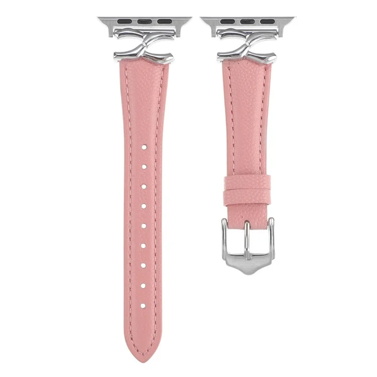 For Apple Watch Series 10 46mm / Ultra 2 Ultra 49mm / 9 8 7 45mm / SE (2023) SE (2022) SE 6 5 4 44mm / 3 2 1 42mm Leather Watch Band - Silver / Pink
