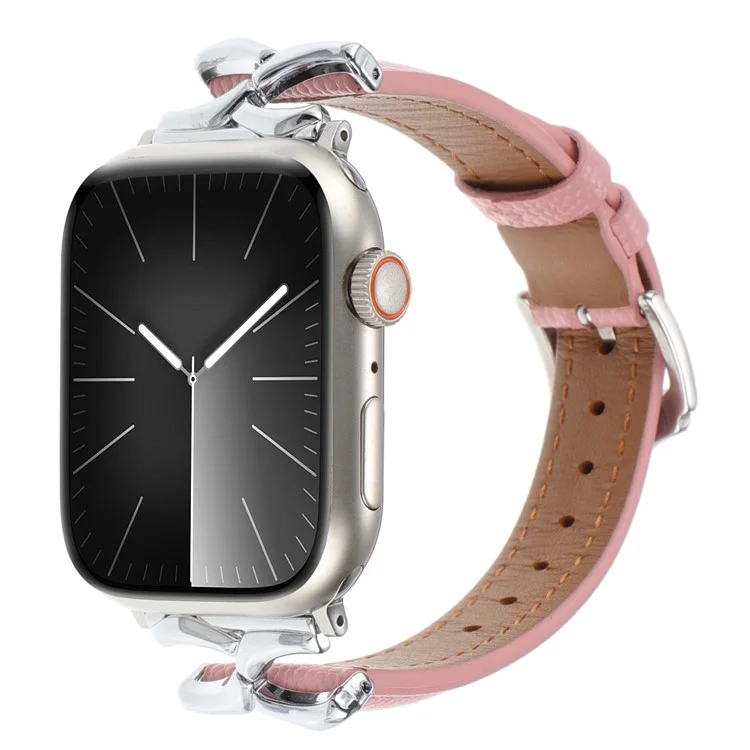 For Apple Watch Series 10 46mm / Ultra 2 Ultra 49mm / 9 8 7 45mm / SE (2023) SE (2022) SE 6 5 4 44mm / 3 2 1 42mm Leather Watch Band - Silver / Pink