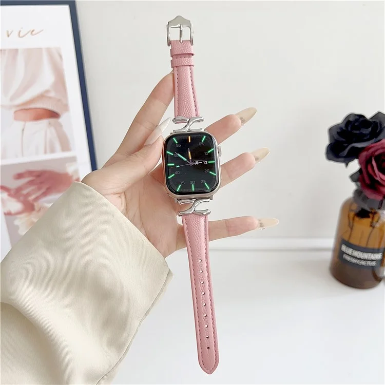 For Apple Watch Series 10 46mm / Ultra 2 Ultra 49mm / 9 8 7 45mm / SE (2023) SE (2022) SE 6 5 4 44mm / 3 2 1 42mm Leather Watch Band - Silver / Pink