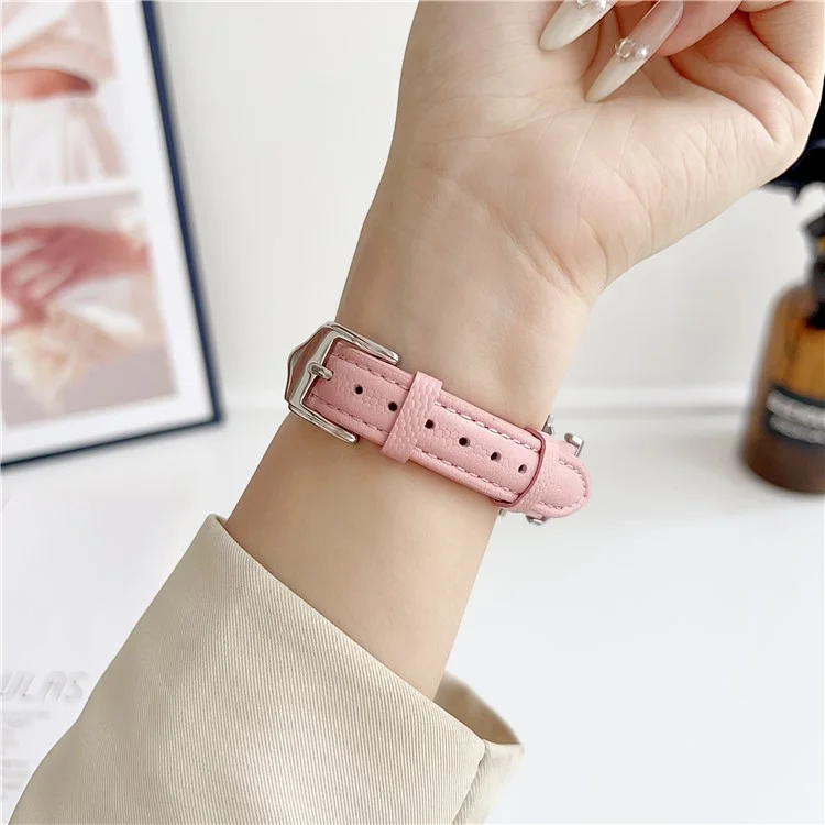 For Apple Watch Series 10 46mm / Ultra 2 Ultra 49mm / 9 8 7 45mm / SE (2023) SE (2022) SE 6 5 4 44mm / 3 2 1 42mm Leather Watch Band - Silver / Pink