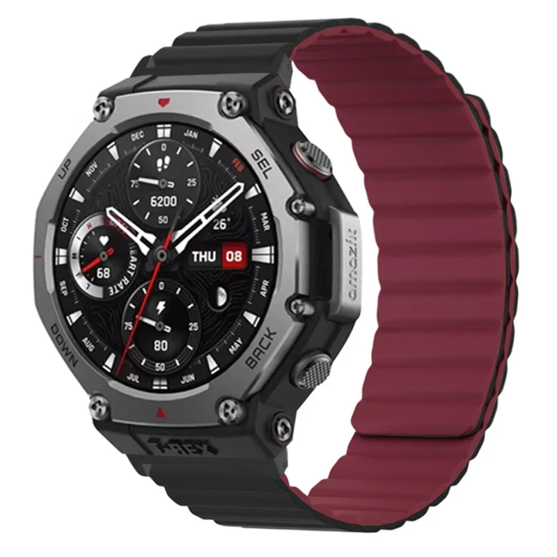 For Huami Amazfit T-Rex 3 Watch Band Adjustable Magnetic Silicone Wrist Strap with Connector - Black  /  Wine Red