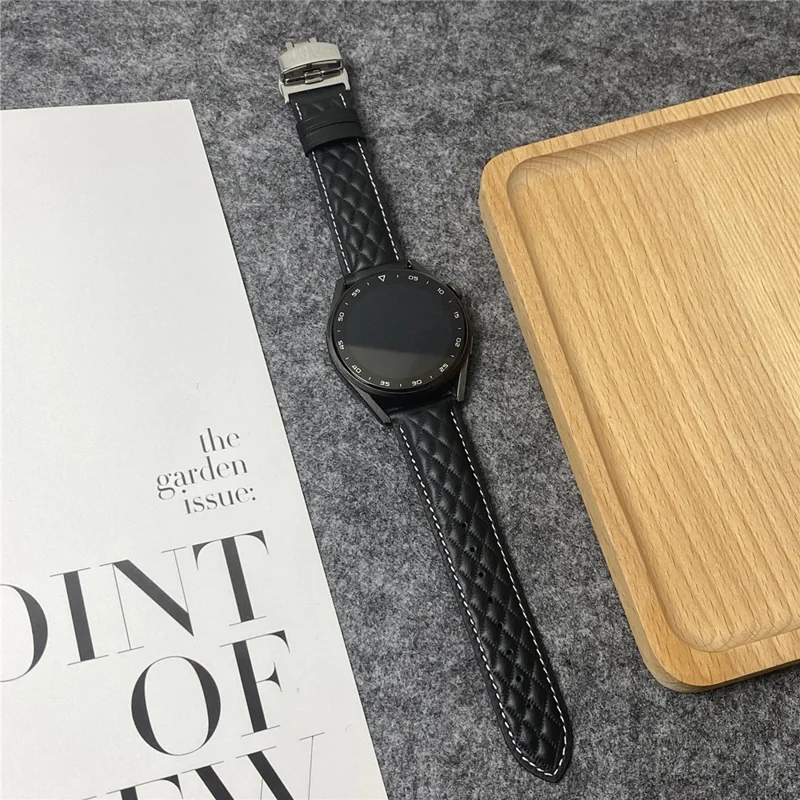 For Huawei Watch GT 5 Pro 46mm / GT 5 46mm Universal 22mm Rhombus Texture Genuine Cowhide Leather Watch Strap - Black
