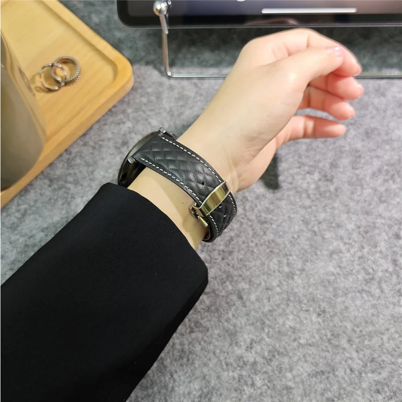For Huawei Watch GT 5 Pro 46mm / GT 5 46mm Universal 22mm Rhombus Texture Genuine Cowhide Leather Watch Strap - Black