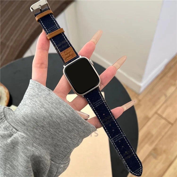 Wool + Leather Strap for Apple Watch Series 10 46mm / Ultra 2 /  Ultra 49mm / 9 8 7 45mm / SE (2023) SE (2022) SE 6 5 4 44mm / 3 2 1 42mm - Blue