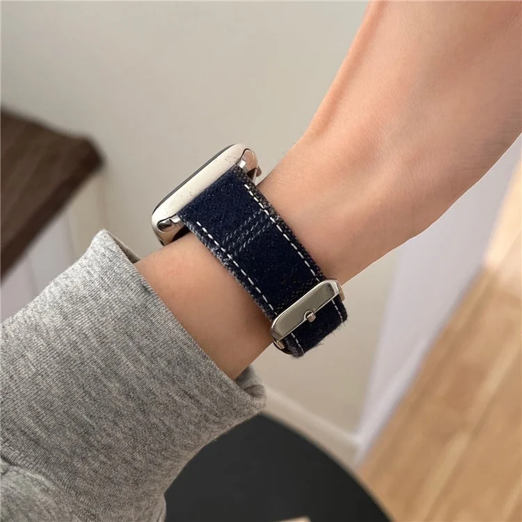 Wool + Leather Strap for Apple Watch Series 10 46mm / Ultra 2 /  Ultra 49mm / 9 8 7 45mm / SE (2023) SE (2022) SE 6 5 4 44mm / 3 2 1 42mm - Blue