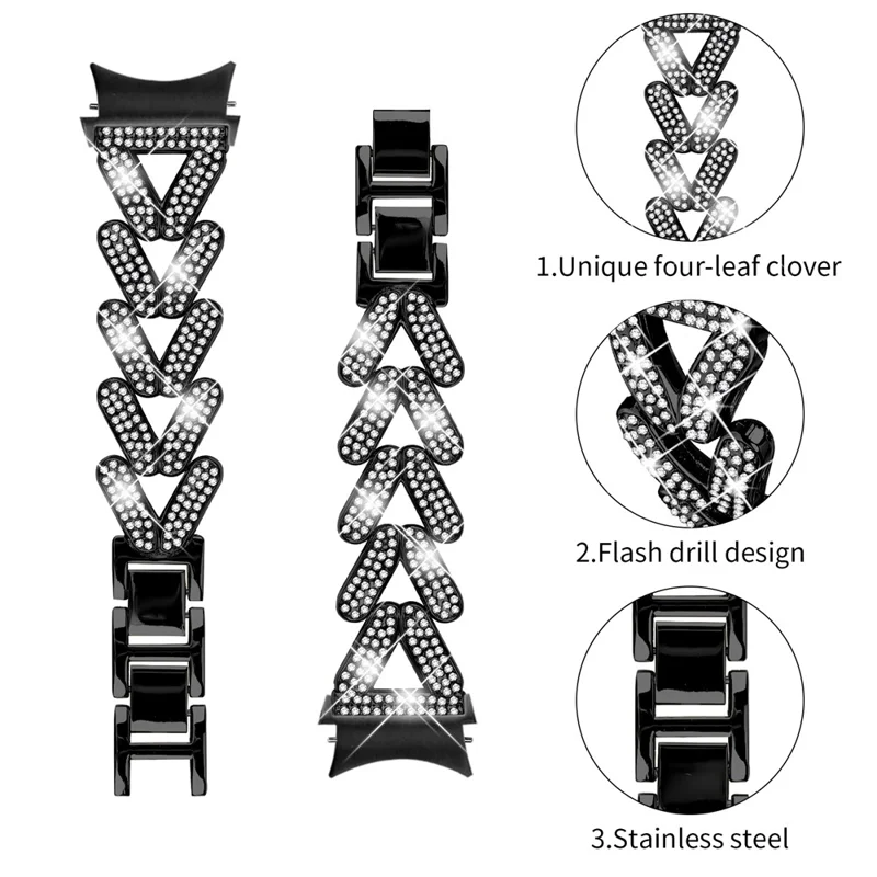 Zinc Alloy Watch Band with Quick Release Connector for Samsung Galaxy Watch4  /  Watch5 40mm  /  44mm  /  45mm Rhinestone Decor Watch Strap - Black