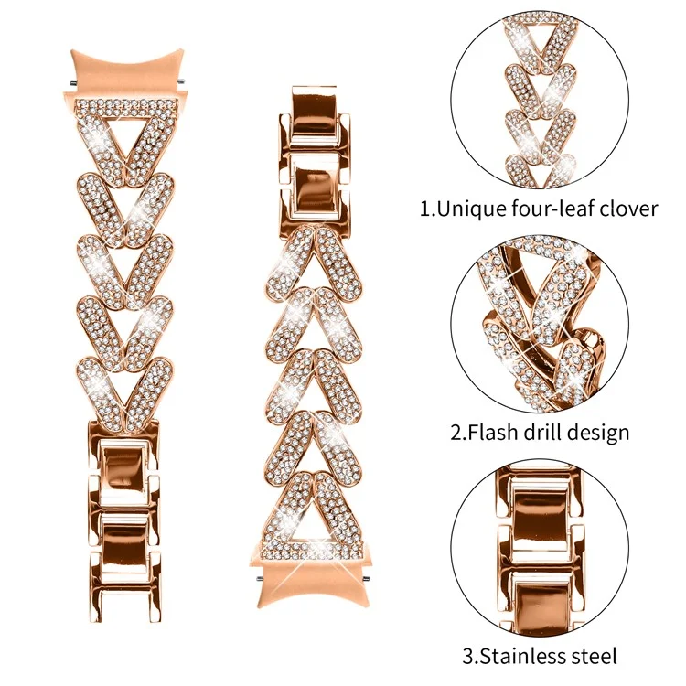 Bracelete de liga de zinco com conector de liberação rápida para Samsung Galaxy Watch6 Classic 47mm / 43mm / Watch6 44mm / 40mm Decoração de strass - Ouro rosa