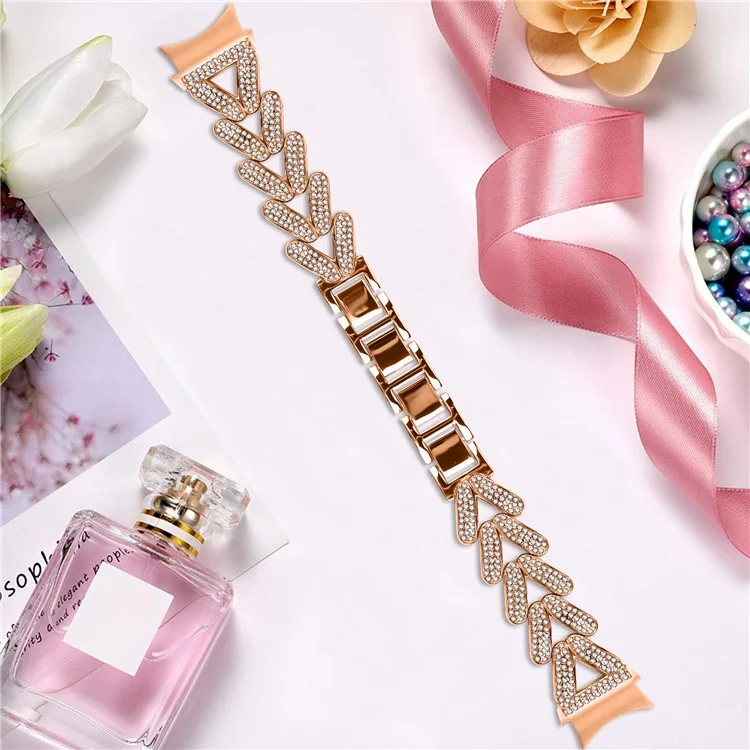 Bracelete de liga de zinco com conector de liberação rápida para Samsung Galaxy Watch6 Classic 47mm / 43mm / Watch6 44mm / 40mm Decoração de strass - Ouro rosa