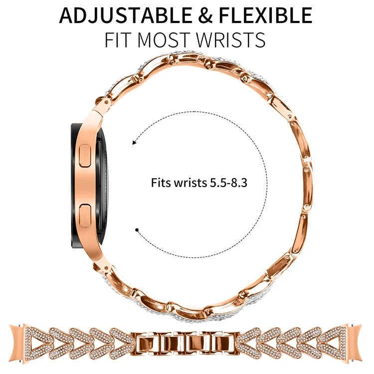 Bracelete de liga de zinco com conector de liberação rápida para Samsung Galaxy Watch6 Classic 47mm / 43mm / Watch6 44mm / 40mm Decoração de strass - Ouro rosa