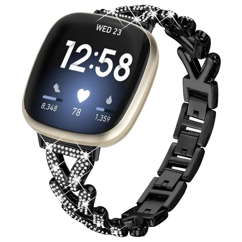 Zinc Alloy Twisted Watch Band Rhinestone Decor for Fitbit Versa 3  /  Fitbit Sense Watch Strap - Black