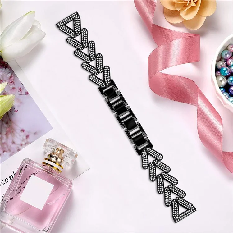 Zinc Alloy Twisted Watch Band Rhinestone Decor for Garmin Forerunner 645  /  Forerunner 645 Music Watch Strap - Black
