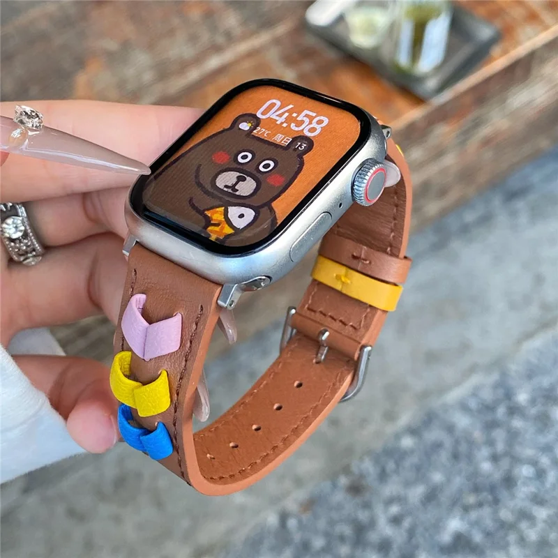 Heart Cowhide Leather Strap for Apple Watch Series 10 46mm  /  Ultra 2  /   Ultra 49mm  /  9 8 7 45mm  /  SE (2023) SE (2022) SE 6 5 4 44mm  /  3 2 1 42mm - Brown+Multi-Color