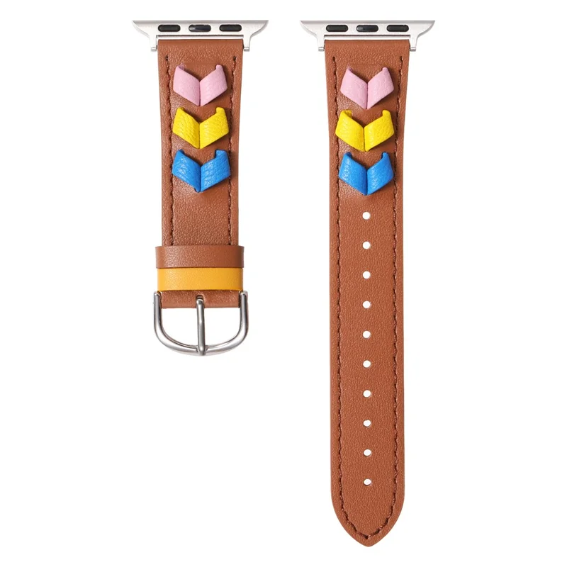 Pulseira de couro de vaca com desenho de coração para Apple Watch Series 10 42mm / 9 8 7 41mm / SE (2023) SE (2022) SE 6 5 4 40mm / 3 2 1 38mm - Marrom+Multicor