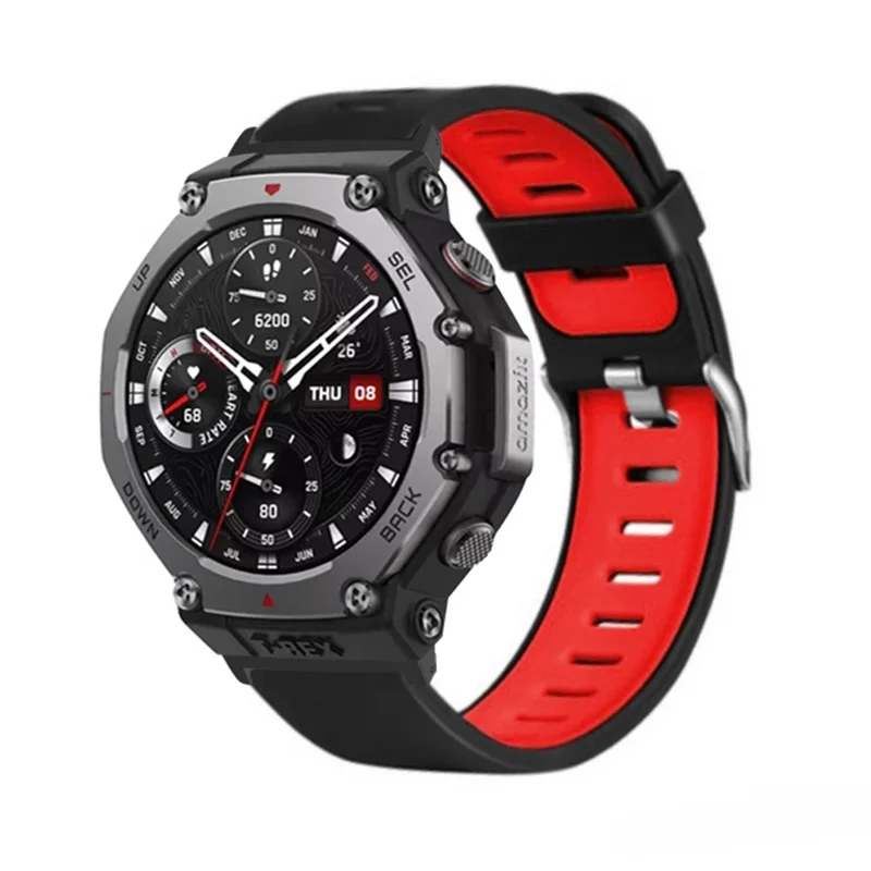 Silicone Sports Watch Band for Huami Amazfit T-Rex 3 Watch Strap with Metal Connectors - Black  /  Red
