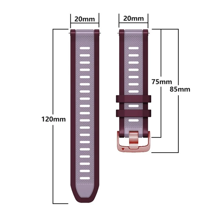 20mm Silicone Strap for Samsung Galaxy Watch6 44mm 40mm / Watch6 Classic 47mm 43mm / Watch 5 44mm 40mm Rose Gold Buckle Dual Color Band - Purple+Red