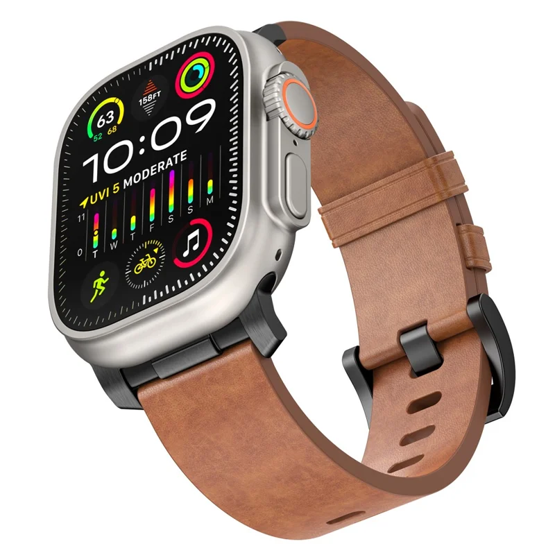 Waxed Genuine Cow Leather Watch Band for Apple Watch 10 46mm / Ultra 2 Ultra 49mm / 9 8 7 45mm / SE (2023) SE (2022) SE 6 5 4 44mm / 3 2 1 42mm - Brown