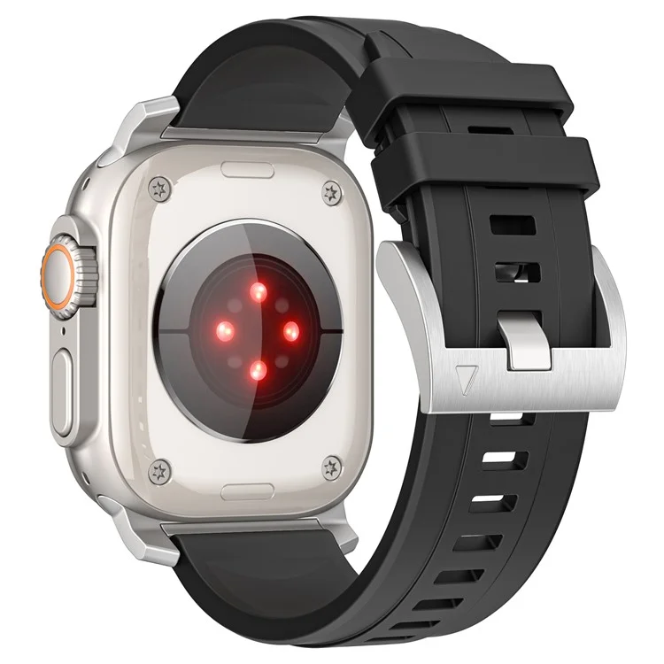 Silicone Strap for Apple Watch Series 10 46mm  /  Ultra 2 Ultra 49mm  /  Series 9 8 7 45mm  /  SE (2023) SE (2022) SE 6 5 4 44mm  /  3 2 1 42mm - Black+Silver Connector