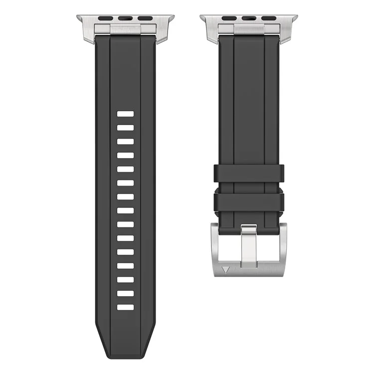 Silicone Strap for Apple Watch Series 10 46mm  /  Ultra 2 Ultra 49mm  /  Series 9 8 7 45mm  /  SE (2023) SE (2022) SE 6 5 4 44mm  /  3 2 1 42mm - Black+Silver Connector