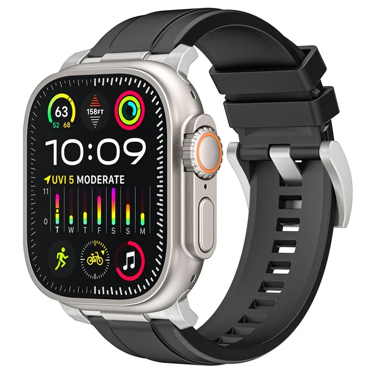 Silicone Strap for Apple Watch Series 10 46mm  /  Ultra 2 Ultra 49mm  /  Series 9 8 7 45mm  /  SE (2023) SE (2022) SE 6 5 4 44mm  /  3 2 1 42mm - Black+Silver Connector