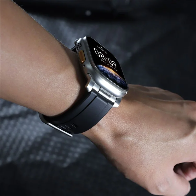 Silicone Strap for Apple Watch Series 10 46mm  /  Ultra 2 Ultra 49mm  /  Series 9 8 7 45mm  /  SE (2023) SE (2022) SE 6 5 4 44mm  /  3 2 1 42mm - Black+Silver Connector