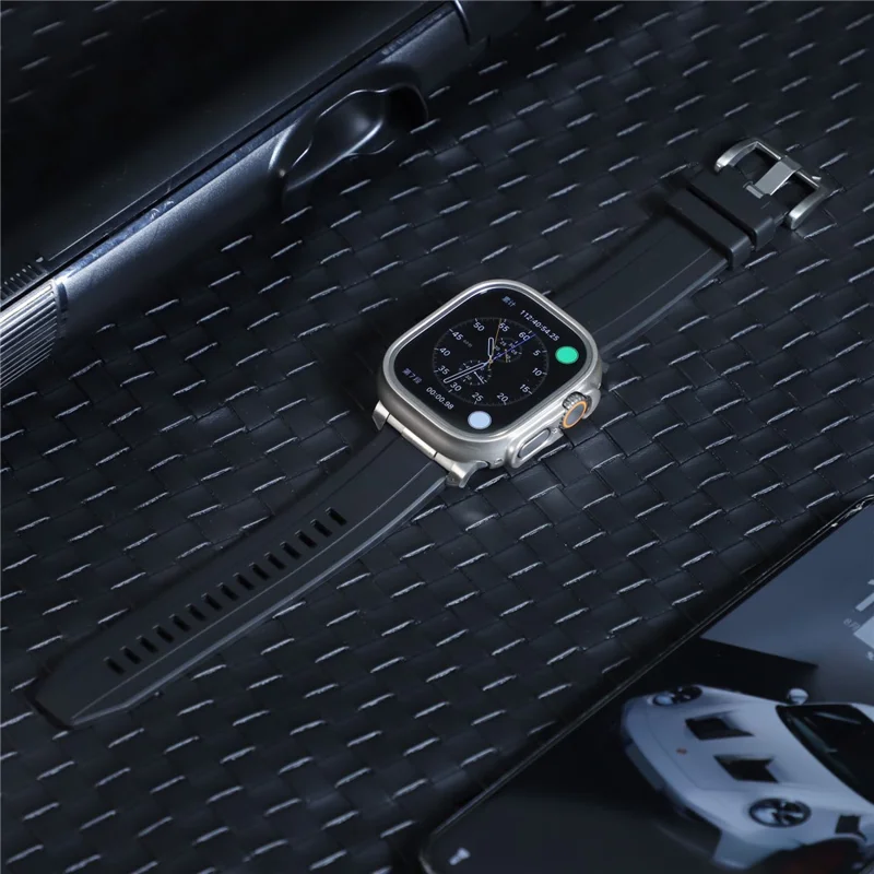 Silicone Strap for Apple Watch Series 10 46mm  /  Ultra 2 Ultra 49mm  /  Series 9 8 7 45mm  /  SE (2023) SE (2022) SE 6 5 4 44mm  /  3 2 1 42mm - Black+Silver Connector