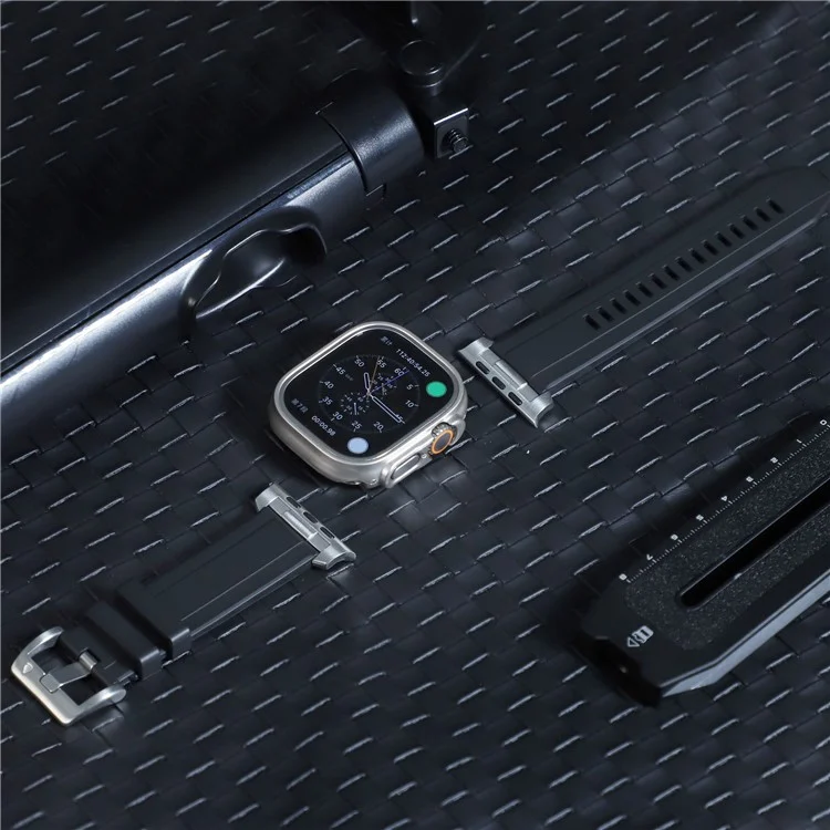 Silicone Strap for Apple Watch Series 10 46mm  /  Ultra 2 Ultra 49mm  /  Series 9 8 7 45mm  /  SE (2023) SE (2022) SE 6 5 4 44mm  /  3 2 1 42mm - Black+Silver Connector