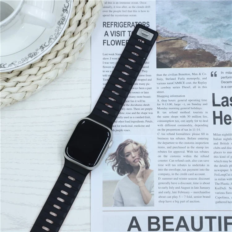 Banda magnética para Apple Watch Series 10 42mm / 9 8 7 41mm / SE (2023) SE (2022) SE 6 5 4 40mm / 3 2 1 38mm Correa de reloj de silicona transpirable - Negro+Naranja
