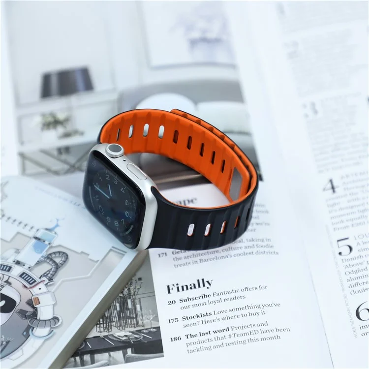 Banda magnética para Apple Watch Series 10 42mm / 9 8 7 41mm / SE (2023) SE (2022) SE 6 5 4 40mm / 3 2 1 38mm Correa de reloj de silicona transpirable - Negro+Naranja