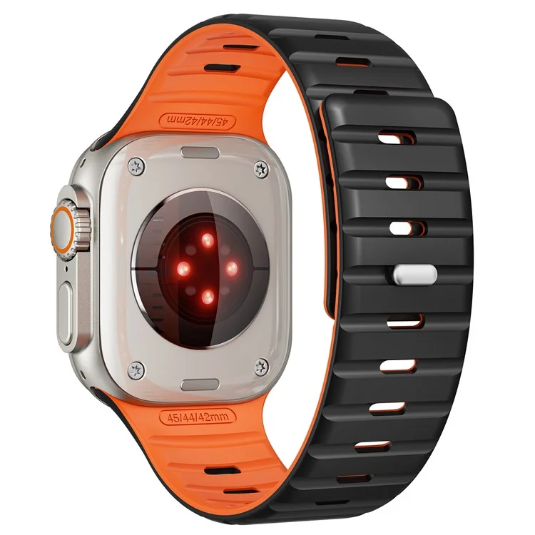 Bande magnétique pour Apple Watch Series 10 46mm / Ultra 2 Ultra 49mm / 9 8 7 45mm / SE (2023) SE (2022) SE 6 5 4 44mm / 3 2 1 42mm - Bracelet de montre en silicone respirant - Noir+Orange