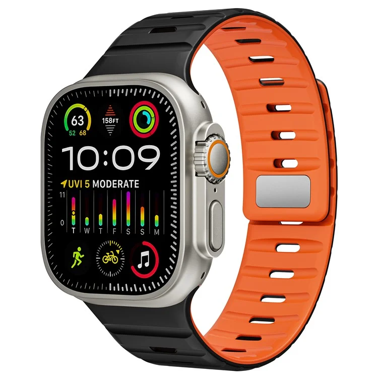 Bande magnétique pour Apple Watch Series 10 46mm / Ultra 2 Ultra 49mm / 9 8 7 45mm / SE (2023) SE (2022) SE 6 5 4 44mm / 3 2 1 42mm - Bracelet de montre en silicone respirant - Noir+Orange