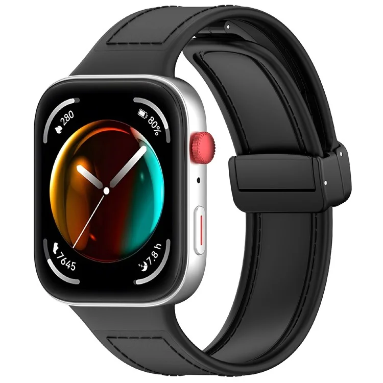 For Huawei Watch Fit 3 Watch Band Magnetic Buckle Leather Coated Silicone Strap with Metal Connector - Black