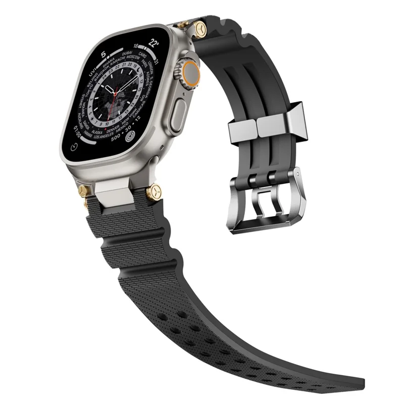 Silicone Strap for Apple Watch Series 10 46mm  /  Ultra 2 Ultra 49mm  /  9 8 7 45mm  /  SE (2023) SE (2022) SE 6 5 4 44mm  /  3 2 1 42mm with Silver Buckle and Connector - Black