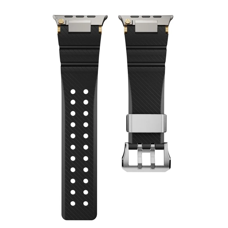 Silicone Strap for Apple Watch Series 10 46mm  /  Ultra 2 Ultra 49mm  /  9 8 7 45mm  /  SE (2023) SE (2022) SE 6 5 4 44mm  /  3 2 1 42mm with Silver Buckle and Connector - Black