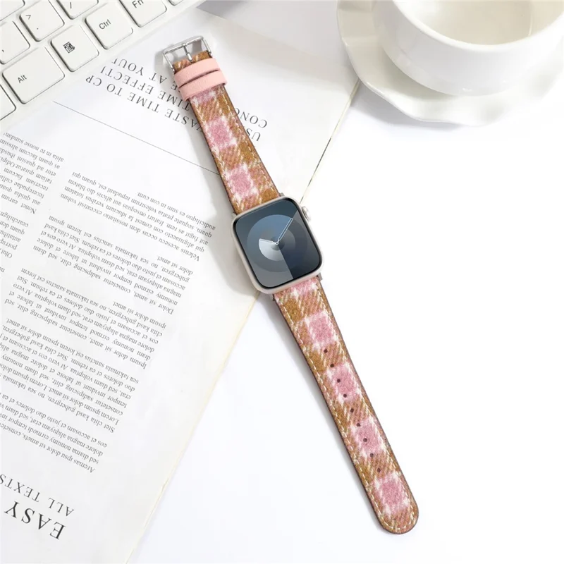 Watchband For Apple Watch Series 10 42mm  /  9 8 7 41mm  /  SE 6 5 4 40mm  /  3 2 1 38mm Wool Fabric Grid Watch Strap - Grid Pink