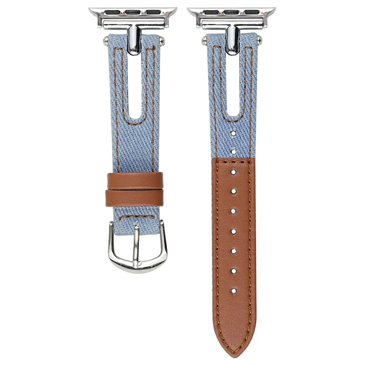 Denim+Leather Watch Strap for Apple Watch Series 10 42mm  /  9 8 7 41mm  /  SE (2023) SE (2022) SE 6 5 4 40mm  /  3 2 1 38mm - Light Blue+Brown