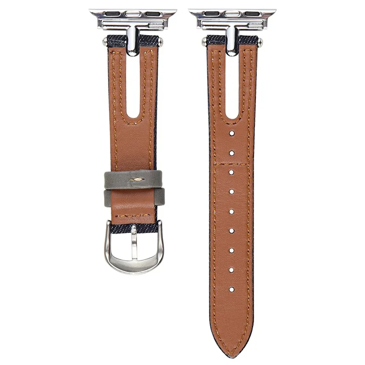 Denim+Leather Watch Strap for Apple Watch Series 10 42mm  /  9 8 7 41mm  /  SE (2023) SE (2022) SE 6 5 4 40mm  /  3 2 1 38mm - Light Blue+Brown