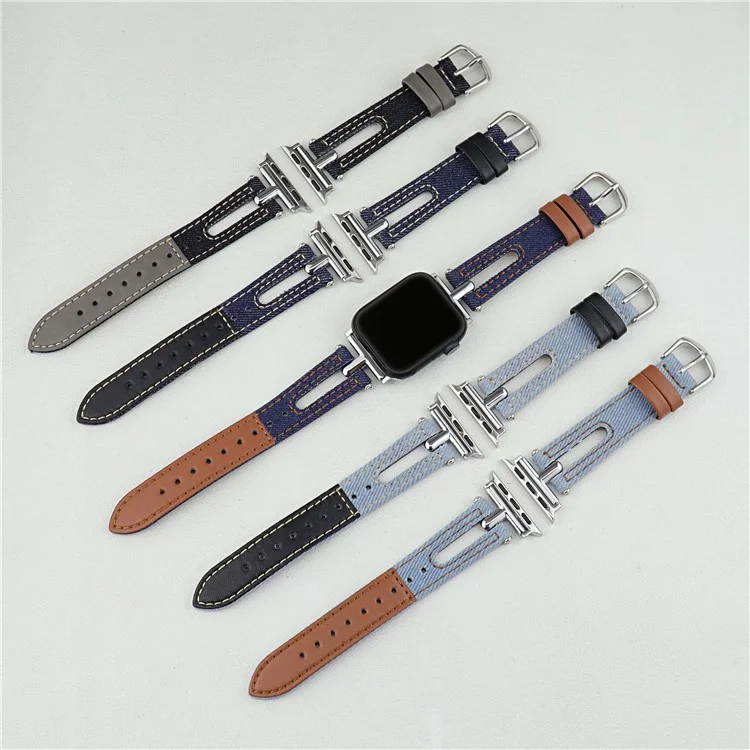 Denim+Leather Watch Strap for Apple Watch Series 10 42mm  /  9 8 7 41mm  /  SE (2023) SE (2022) SE 6 5 4 40mm  /  3 2 1 38mm - Light Blue+Brown