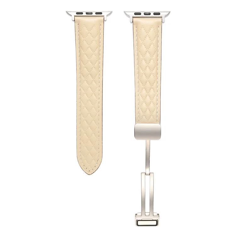 Leather Watch Band For Apple Watch Series 9 8 7 41mm / SE (2023) SE (2022) SE 6 5 4 40mm / 3 2 1 38mm Rhombus Texture Strap with Folding Buckle - Starlight