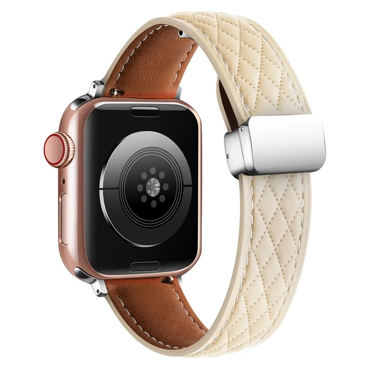 Leather Watch Band For Apple Watch Series 10 46mm / Ultra 2 Ultra 49mm / Series 9 8 7 45mm / SE (2023) SE (2022) SE 6 5 4 44mm / 3 2 1 42mm Rhombus Texture Strap with Folding Buckle - Starlight