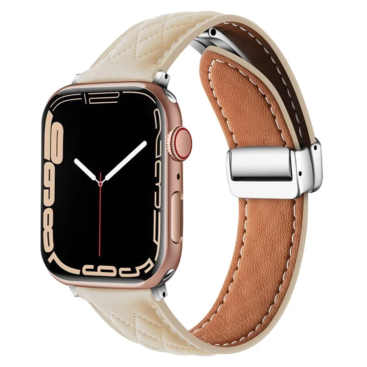 Leather Watch Band For Apple Watch Series 10 46mm / Ultra 2 Ultra 49mm / Series 9 8 7 45mm / SE (2023) SE (2022) SE 6 5 4 44mm / 3 2 1 42mm Rhombus Texture Strap with Folding Buckle - Starlight
