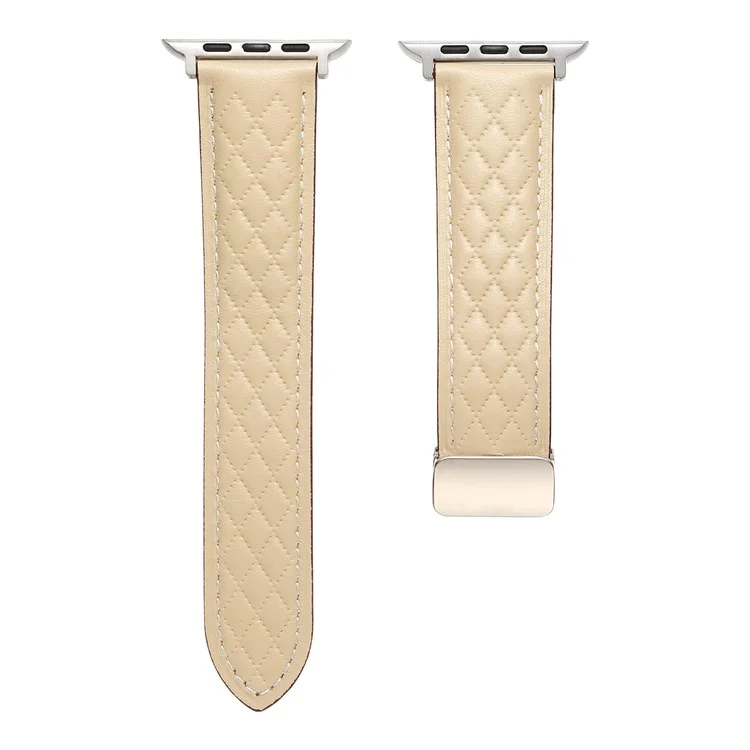 Leather Watch Band For Apple Watch Series 10 46mm / Ultra 2 Ultra 49mm / Series 9 8 7 45mm / SE (2023) SE (2022) SE 6 5 4 44mm / 3 2 1 42mm Rhombus Texture Strap with Folding Buckle - Starlight