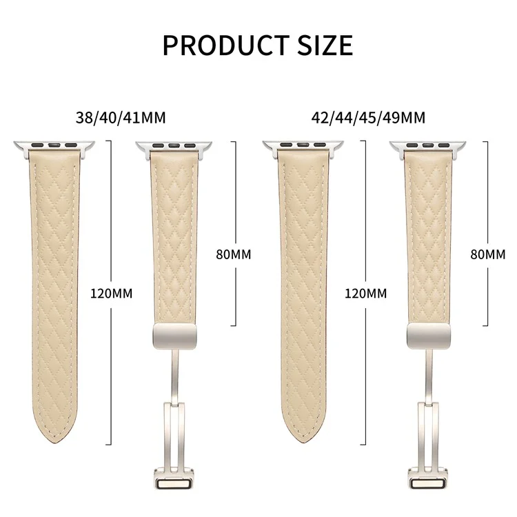 Leather Watch Band For Apple Watch Series 10 46mm / Ultra 2 Ultra 49mm / Series 9 8 7 45mm / SE (2023) SE (2022) SE 6 5 4 44mm / 3 2 1 42mm Rhombus Texture Strap with Folding Buckle - Starlight