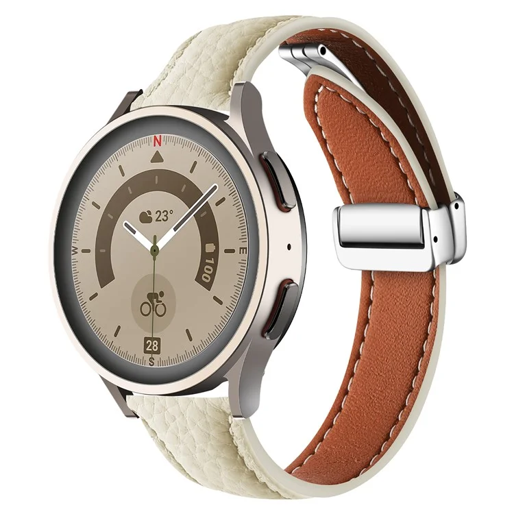 Correa de cuero con textura de litchi de 20 mm con hebilla plegable para Samsung Galaxy Watch6 / Watch6 Classic - Beige