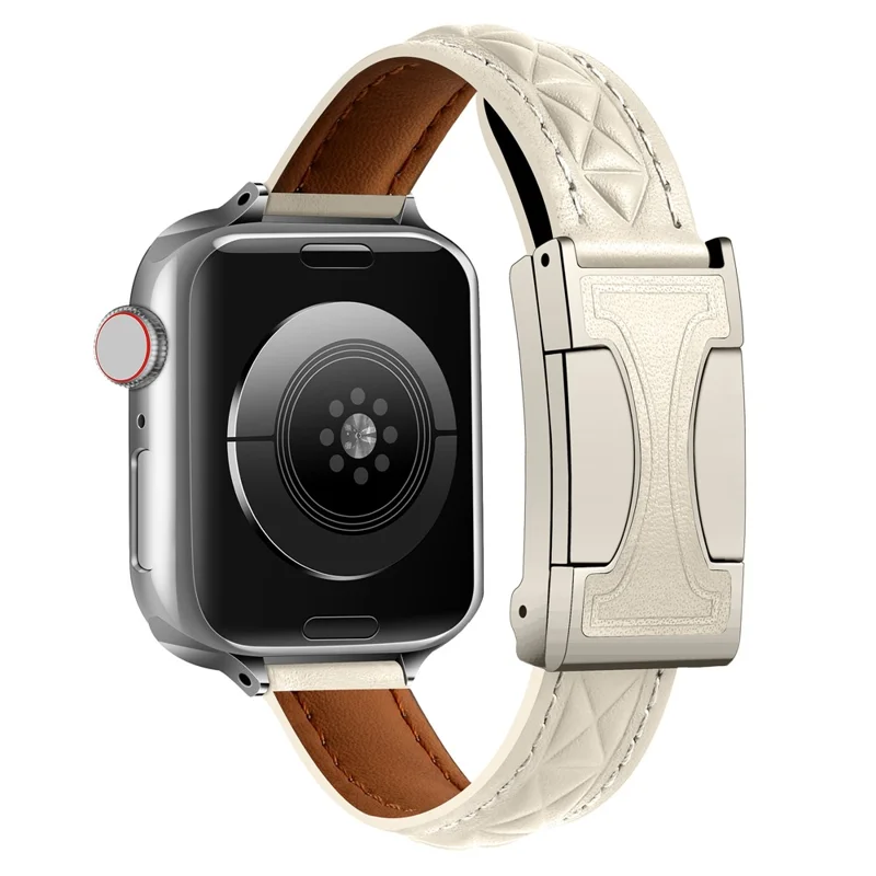 Genuine Leather Watch Band For Apple Watch Series 10 42mm  /  9 8 7 41mm  /  SE (2023) SE (2022) SE 6 5 4 40mm  /  3 2 1 38mm Strap with Magnetic Double C Buckle - Beige
