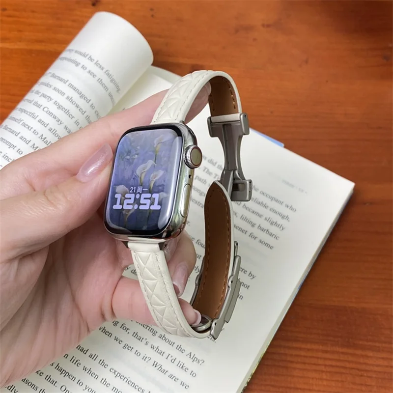 Genuine Leather Watch Band For Apple Watch Series 10 42mm  /  9 8 7 41mm  /  SE (2023) SE (2022) SE 6 5 4 40mm  /  3 2 1 38mm Strap with Magnetic Double C Buckle - Beige