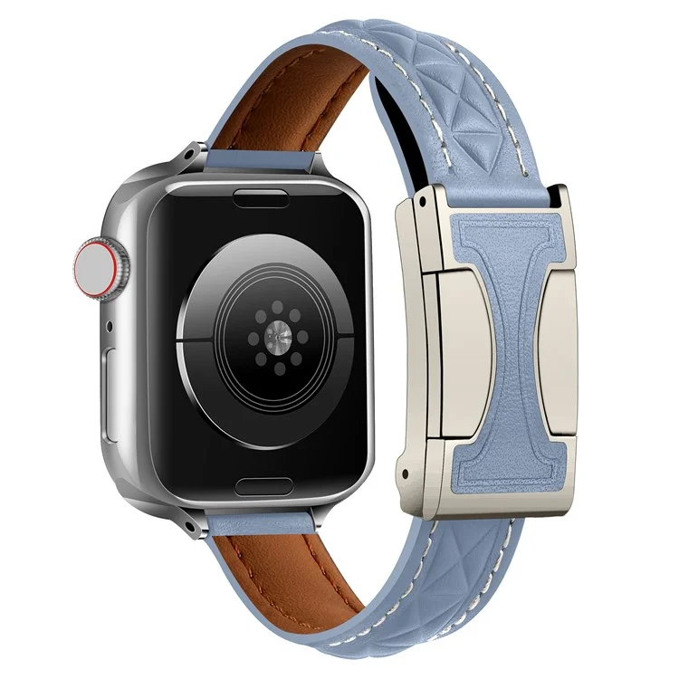 Genuine Leather Watch Band For Apple Watch Series 10 42mm  /  9 8 7 41mm  /  SE (2023) SE (2022) SE 6 5 4 40mm  /  3 2 1 38mm Strap with Magnetic Double C Buckle - Blue